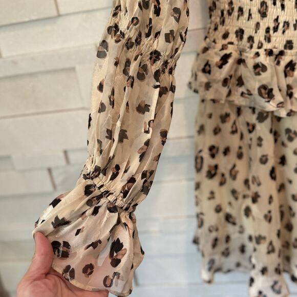 LUXXEL Cheetah Print Blouson Sleeves Tered Smocked Ruffled Mini Dress L Coquette - Picture 3 of 7
